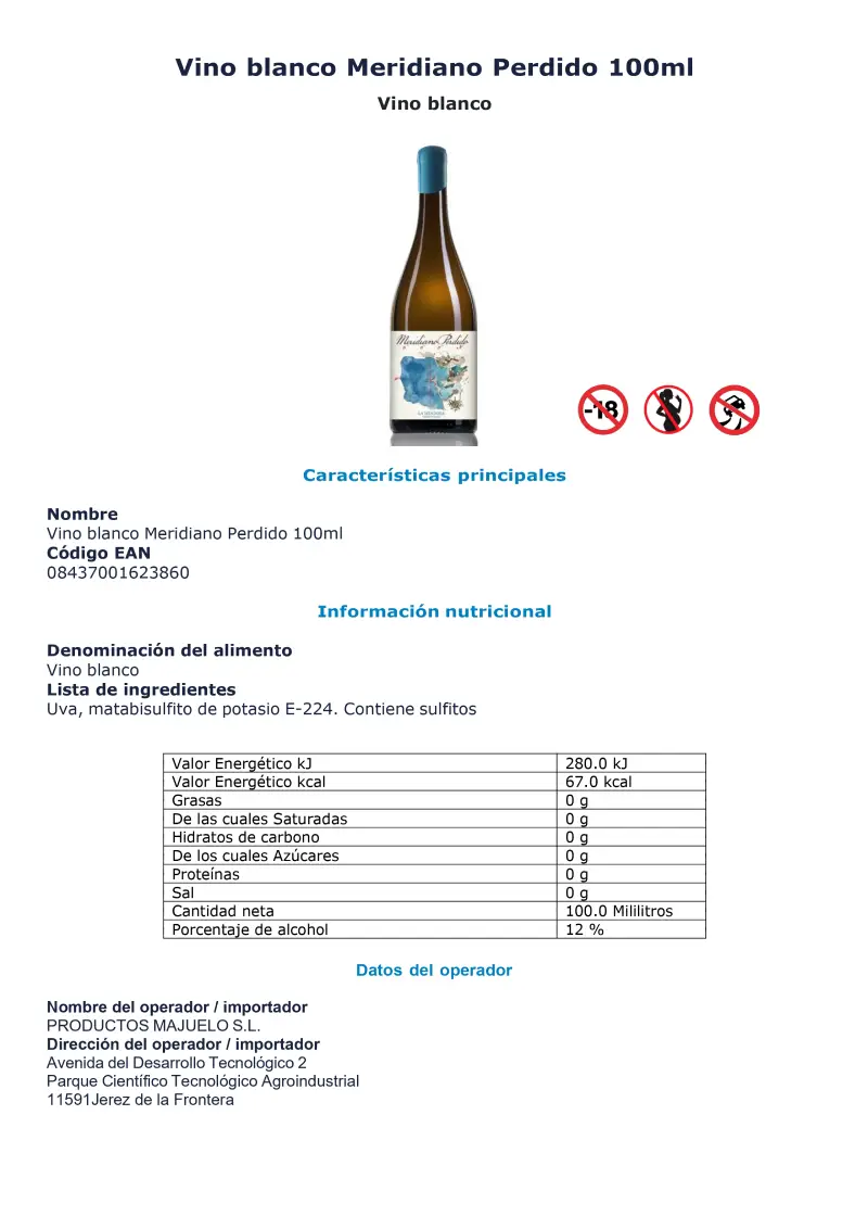 Página con información nutricional del vino